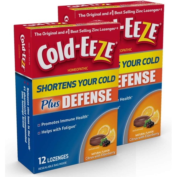 Cold-EEZE Plus Defense Cold-Shortening Lozenges, 12 Count, Cold Remedy, Citrus with Elderberry Flavor, Pharmacist Recommended - Twin Pack