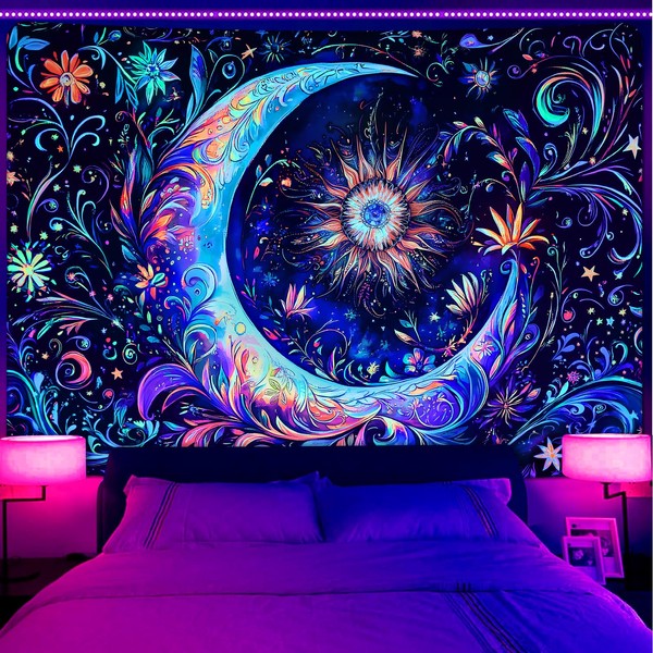 Invoibler Blacklight UV Reactive Tapestry - Mandala Moon Sun Bohemian