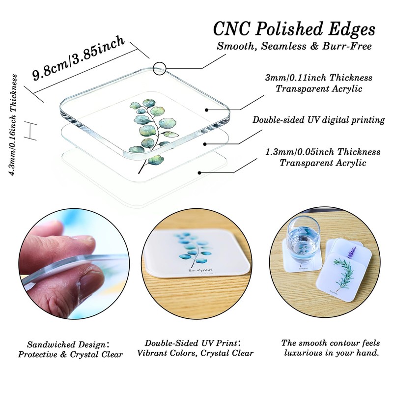 Watercolor Botanical Acrylic Coasters, Double-Sided UV Printed, CNC Polished Edges,