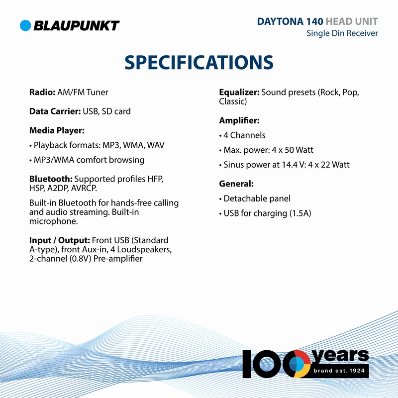 BLAUPUNKT Blaupunkt Daytona 140 Single-DIN Bluetooth Car Stereo Receiver -