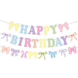 Pastel Happy Birthday Banner,Colorful Bow Birthday Banner Coquette Garland for Girls Woman Decoration (Pastel)