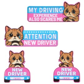 lasuroa 4pcs Newbie Cat Car Magnet, Cute Cartoon New Driver Car Magnet Reusable Reflective New Driver Sticker for Bumper Safety Sign Can Be Used During Night Sign