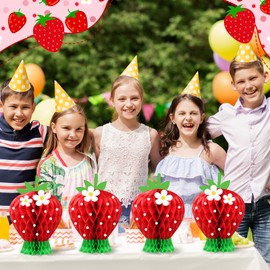 Amyhill 4 Pcs Strawberry Party Decorations Large Strawberry Honeycomb Centerpieces 3D Berry First Table Decor 7.87 Inches Fruits Paper Honeycomb Decorations for Birthday Summer Baby Shower Party Favor
