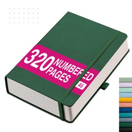 RETTACY A5 Bullet Dot Grid - Dotted Notebook With 320 Numbered Thick Journal Leather Hardcover 100gsm Paper Pen Holder, Inner Pocket, 2 Free Journal Stencils 14.5 x 21cm - DarkGreen