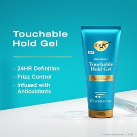 OGX, Touchable Hold, Gel Fijador, Fijación Media, Antioxidantes, Controla el Frizz, No Deja Residuos, Protección 24Hrs