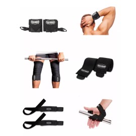 Techno Muñequeras + Rodilleras + Straps Pack Gym Para Pesas