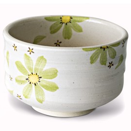 aprikalife - Traditional Japanese Matcha Tea Bowl, Handcrafted Ceramic, Tea Ceremony Cup, White Glaze with Green Flowers