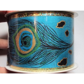 (2) Christmas Wired Ribbon Peacock Feathers Blue Gold Glitter 30 ft, NEW