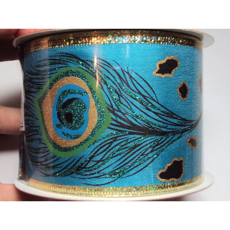 (2) Christmas Wired Ribbon Peacock Feathers Blue Gold Glitter 30