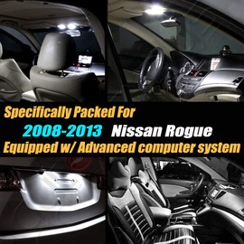 10Pc Canbus Error Free Super White 6000K Car Interior LED Light Kit Compatible for 2008-2013 Nissan Rogue Equipped w/Advanced Computer system