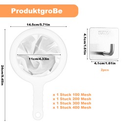 4 Pieces Fine Sieve Kitchen Strainer Filter, Nylon Sieve Fine, 100/200/300/400 Mesh Fine Mesh Hair Sieve Kitchen Mesh Strainer with Handle, Ultra Fine Funnel Filter Hand Strainer for Juice Milk Coffee