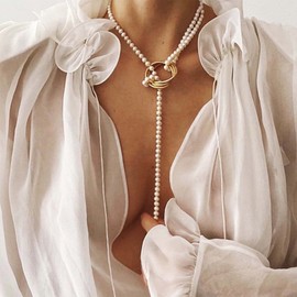 YienDoo Boho Long Pearl Y Necklace Chain Gold Long Pearl Bead Chain Necklace Open Circle Coin Pearl Pendant Necklace Vintage Baroque Pearl Lasso Chain Statement Necklace Jewelry for Women Girls