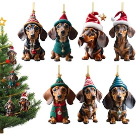 Pack of 7 Dachshund Christmas Tree Decorations - Funny Dog Christmas Tree Hanging Ornaments 2D Acrylic Decorative Pendant for Dogs Dachshund with Hat