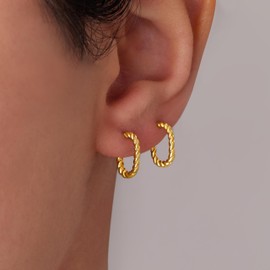 Gold Stud Earrings for Women Fashion, Cute Small Huggie Earring for Minimalist Gift, Dainty Twisted Gold Jewelry
