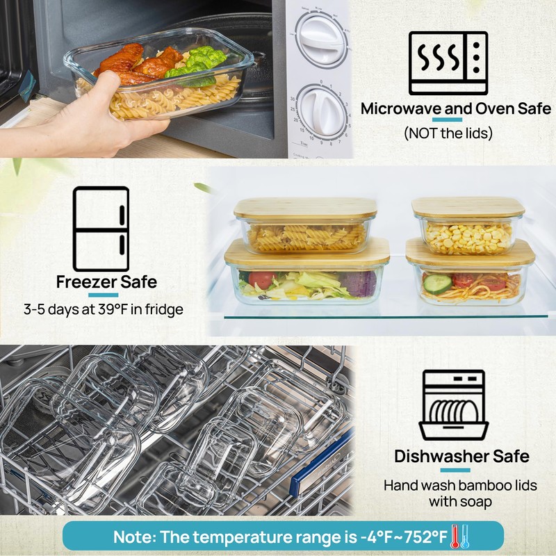 Vtopmart Glass Food Storage Containers with Bamboo Lids, 4 Pack