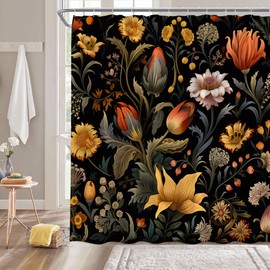 AMHNF Black Boho Floral Shower Curtain Retro Colorful Abstract Mandala Flowers Watercolor Botanical Blossom Beautiful Plant Rustic Vintage Bathroom Decor Fabric Curtain with Hooks