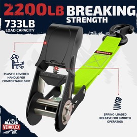 Ratchet Tie-Down Straps Set - (1" x 15', 2200lbs Breaking Strength) - Vehiclex Soft Loops, Coated S-Hooks, Storage Bag for ATV, Motorcycle, Bicycle, Kayak, Cargo Securing, Green