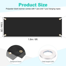 PATIKIL Large Black Blank Banner and Signs 2 x 6 Feet, 1 Set Polyester Fabric Sublimation Banners with Hanging Rope for Outdoor Shops, Paintable DIY Banner Sign