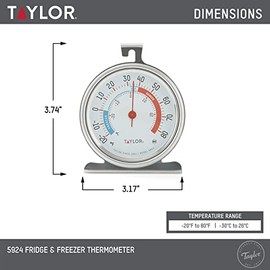 Taylor Precision Products 5924 Large Dial Kitchen Refrigerator and Freezer Kitchen Thermometer, 3 Inch Dial