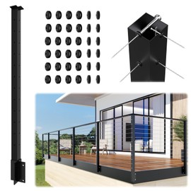 Gyykzz Side Mount Outer Corner Post 42" (Post Body 47.6"), Fixed Top Three Side Drilled Corner Post Cable Railing, Black Stainless Steel 304 Fascia Mount Metal Post with Inner Terminal & Cable Grommet