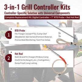 Controller Kit for Traeger BAC236, BAC365, BAC283, etc. (NO Temp Probe Ports) - Fits Bronson 20, Pro 22/34, Texas Elite 34, Lil Tex, Tailgater & More (Excl. PTG/Ranger/Scout) w/7" RTD Probe & Igniter