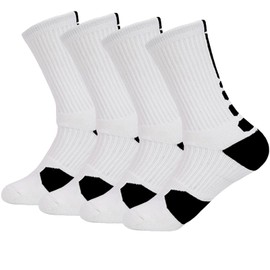 Yoknatt 4 Pack White Elite Performance Athletic Socks Youth Basketball Socks for Mens Womens Boys Crew Socks Sports Running Cycling Compression Socks