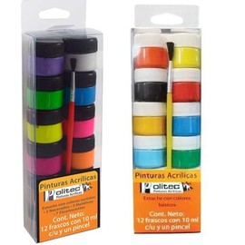 Politex Set 2 Estuches de Pinturas Acrílicas Politec total 24 Frascos de 10 ml c/u 12 tonos clásicos y 2 colores nacarados, 3 metálicos y 7 fluorescentes. Incluye 1 Pincel en cada set