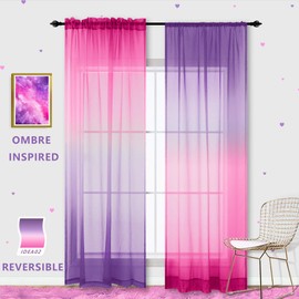 KOUFALL Pink and Purple Curtains for Girls Room,2 Panels Set Sheer Short Curtains for Windows Girl Bedroom,63 Inch Length