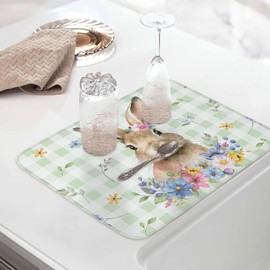 Easter Dish Drying Mat for Kitchen Counter Floral Bunny Drying Pad Absorbent Drying Mats for Countertops Sinks Draining Racks Rabbit Green Buffalo Plaid Drainer Seasonal Spring Holiday Decor 18x24