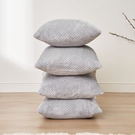 Brentfords Waffle Fleece Set of 4 x Cushion Covers 45 x 45 cm Plush Scatter Home Decor Pack, 18" x 18" - Silver Grey