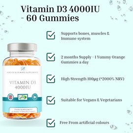 Vitamin D3 4000iu - High Strength 100μg - 60 Orange Flavour Gummies - Vitamin D Supplement Teeth, Bone, Muscles & Immune System Support