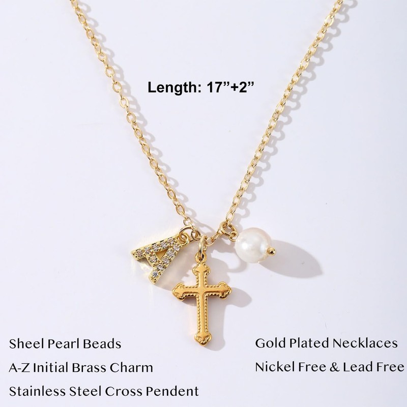 Initial Pearl Cross Necklace for Women Teen,First Communion Baptism Confirmation