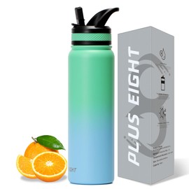 pluseight Stainless Steel Drinking Bottle, Leak-Proof Stainless Steel Bottle with Straw and Lid for School, Children, Women, Men, Leak-proof and Sweat-Proof with Anti-Dust Lid (Green Blue, 1000 ml)
