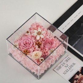 FIZOZI Eternal Rose Acrylic Cube - 15cm Preserved Floral Women | Anniversary, Birthday, Valentine's Day | 5 Colors (Red/Pink/Blue/Purple/Yellow) with Gift Box