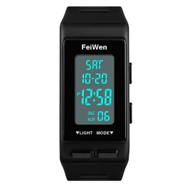 FeiWen Unisex Digital Uhren Outdoor Sport Multifunktional Rechteck Plastik Herren und Damen Armbanduhren mit Kautschuk Band LED Doppelte Zeit Alarm Countdown, Schwarz