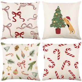 Bseical Pack of 4 Christmas Cushion Covers, 45 x 45 cm, Linen Look Cushion Covers with Christmas Tree Pattern, Christmas Decoration for Living Room, Bedroom, Car (B)