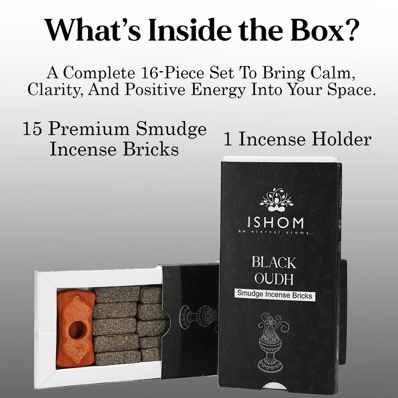 Black Oudh Smudge Incense Bricks Combo (15pcs + 1 Holder)