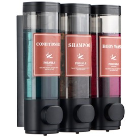 Shampoo and Conditioner Dispenser Wall Mounted Shower Soap Dispenser No Drill Shampoo Dispenser for Shower 3 Chamber Bathroom Body Wash Shower Gel Holder Black
