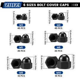 ZIUZI 150Pcs Black Nylon Hex Acorn Cap Nuts Set, 6 Sizes M3 M4 M5 M6 M8 M10 Bolt Cover Caps for Indoor Outdoor Use, Screw Covers Assortment