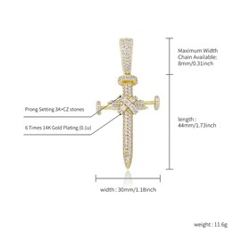 JINAO Hip Hop Iced Out Cubic Zirconia Nail Cross Necklace 18K Gold Plated Simulated Diamond Pendant for Men Women(Gold)