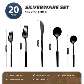 Matte Silverware Eating Utensils Set, 20-Piece Stainless Steel Flatware Set, Kitchen Utensil Set Service for 4, Durable Home Kitchen Silverware,Luxury Cutlery Set. (Black, 20)