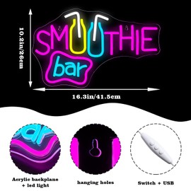 Looklight Smoothie Bar Neon Sign,Words Neon Signs for Wall Decor,Pink Letter Dimmable LED Neon Light Bar Sign,USB Light Up Signs for Store Beverage Cool Smoothie Bar Shop