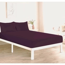 Fitted Bed Sheet With FREE MATCHING 2 X PILLOW CASES Poly Cotton Percale Easy Care Plain Dyed Bed Sheet Plum King