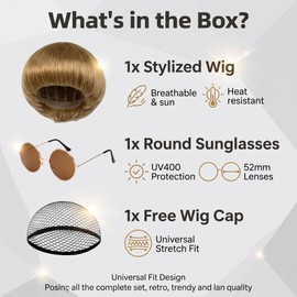 PARTY ZONE Blonde Mushroom Wig with Round Sunglasses and Hair Cap Bowl Cut Wigs Men for Halloween Party Wigs Short Blonde Funny Wig for Man Blond Bob Hair With Bang for Christmas Cosplay Costume