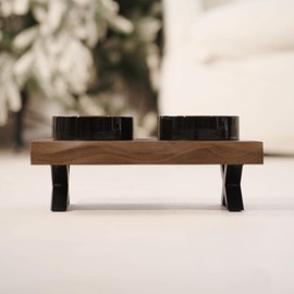 CHEERHOME PETS Raised Cat Ceramic Bowls for Small and Medium Dog, Solid Wooden Dog Food Bowl with Stand, Food Feeding Dishes Water Bowl for Cats and Puppy(Walnut Wood)