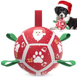 QDAN Christmas Dog Toys Soccer Ball with Straps, Outdoor Interactive Dog Toys for Tug of War, Puppy Birthday Gifts, Dog Tug Toy, Dog Water Toy, Durable Dog Balls for Small Dogs（5 Inch）