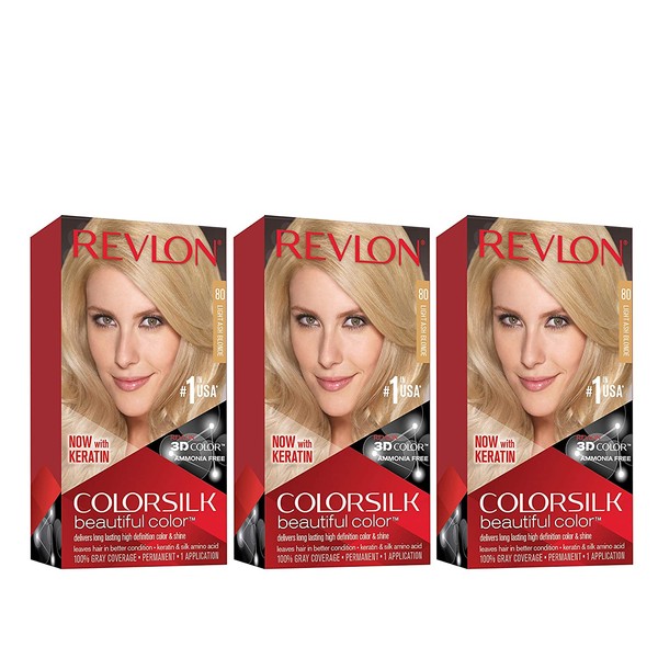 Revlon Colorsilk Beautiful Color Permanent Hair Color with 3D Gel Technology & Keratin, 100% Gray Coverage Hair Dye, 80 Light Ash Blonde, 4.4 oz (Pack of 3)