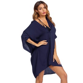 AI'MAGE Women's Beach Dress Bikini Cover Up Dolman Sleeves Beach Poncho Summer V-Neck Swimwear Beach Cover Up Shirt, navy