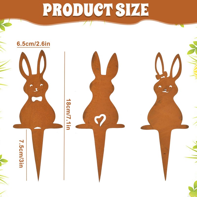 Qooloo Pack of 3 Easter Bunny Garden Stake Rust, Easter