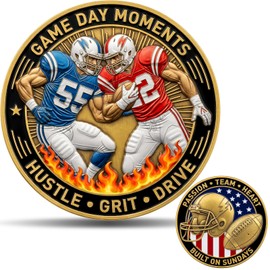 Colorized Football Challenge Coin 1.574" 3D Zinc Alloy Commemorative Coin - Game Day Moments Hustle Grit Drive, Passion Team Heart Built on Sundays, Double - Sided 3D Colorful Design for Sports Fans